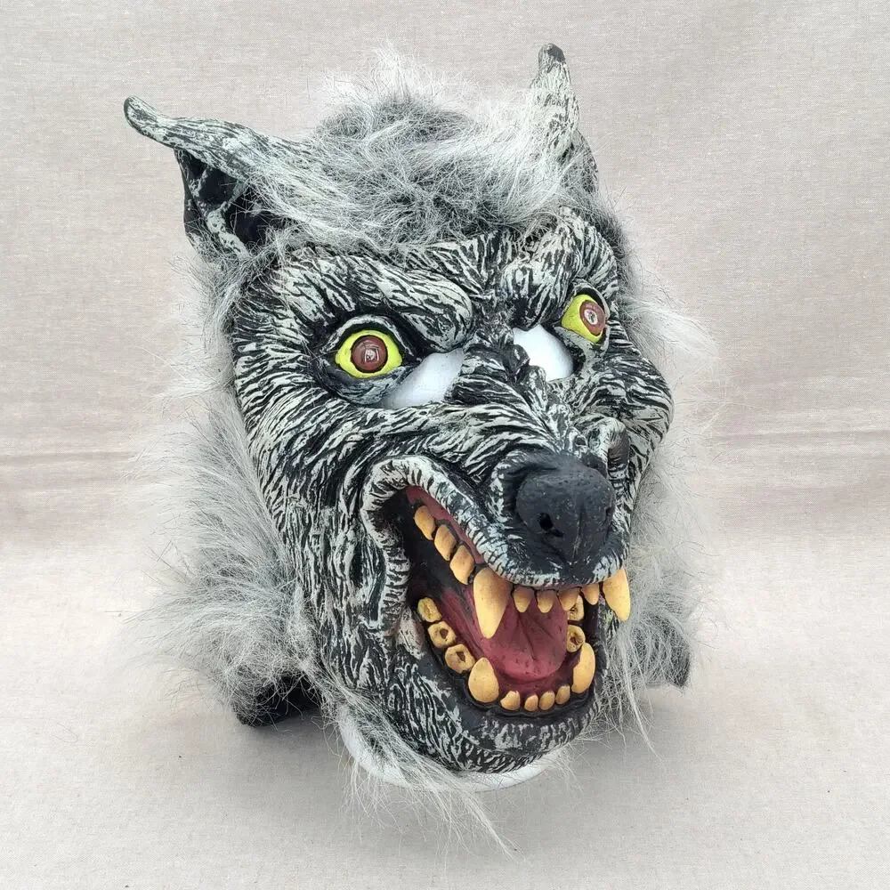Werewolf Wolf Monster Halloween Deluxe Rubber Mask White Black Gray Faux Fur